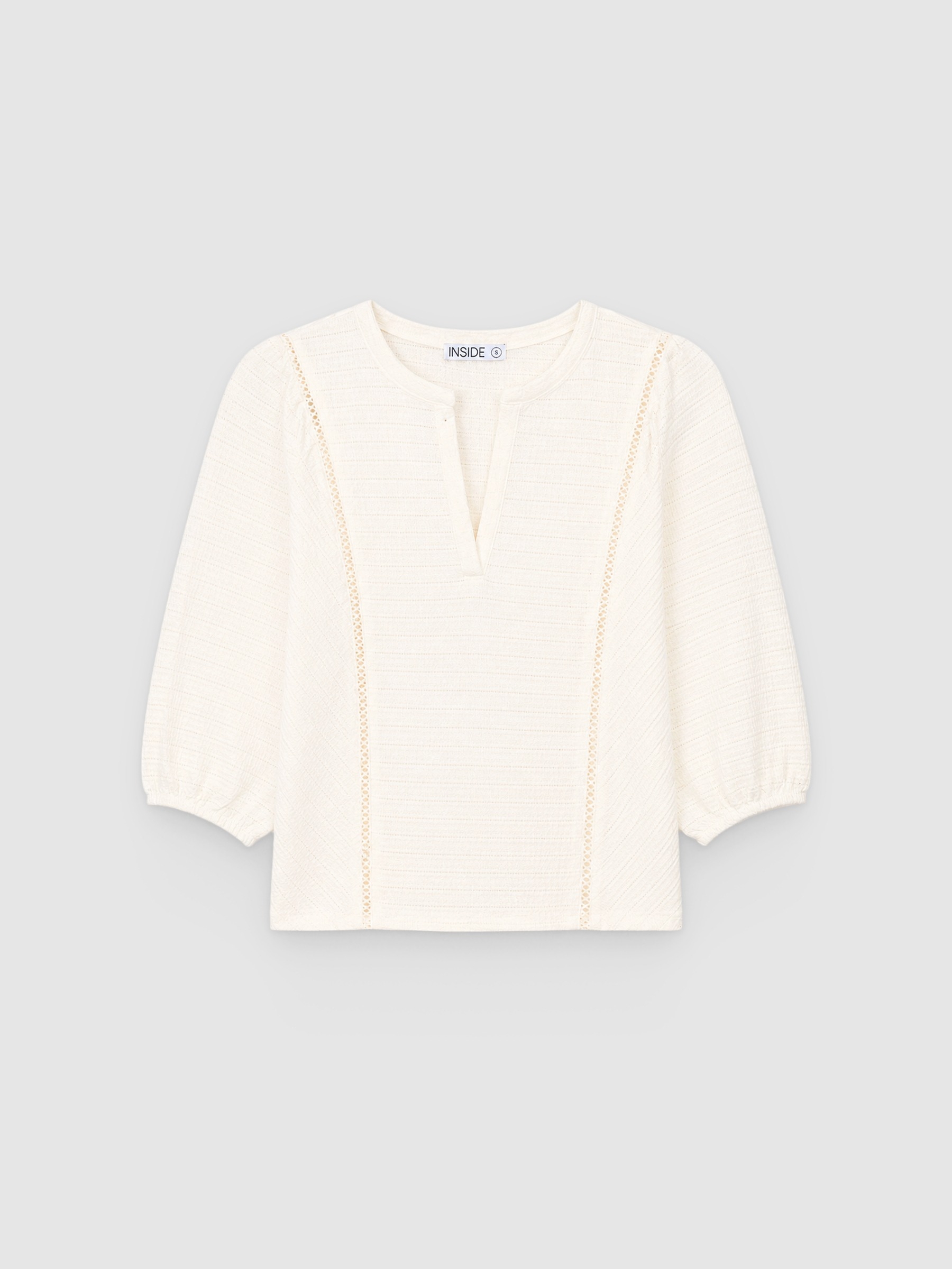 T-shirt with mandarin collar and lace insertion raw middle front view