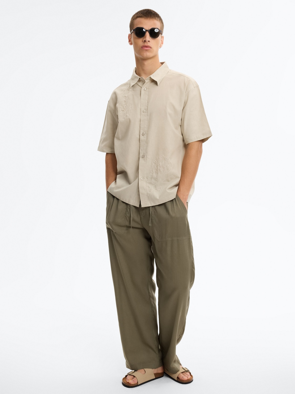 Oversized floral embroidery shirt raw front view