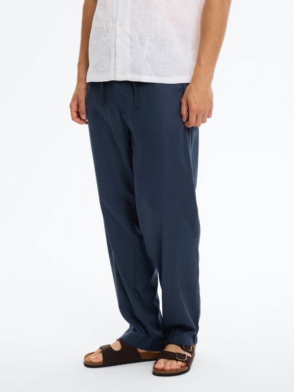 High-waisted linen joggers navy middle front view