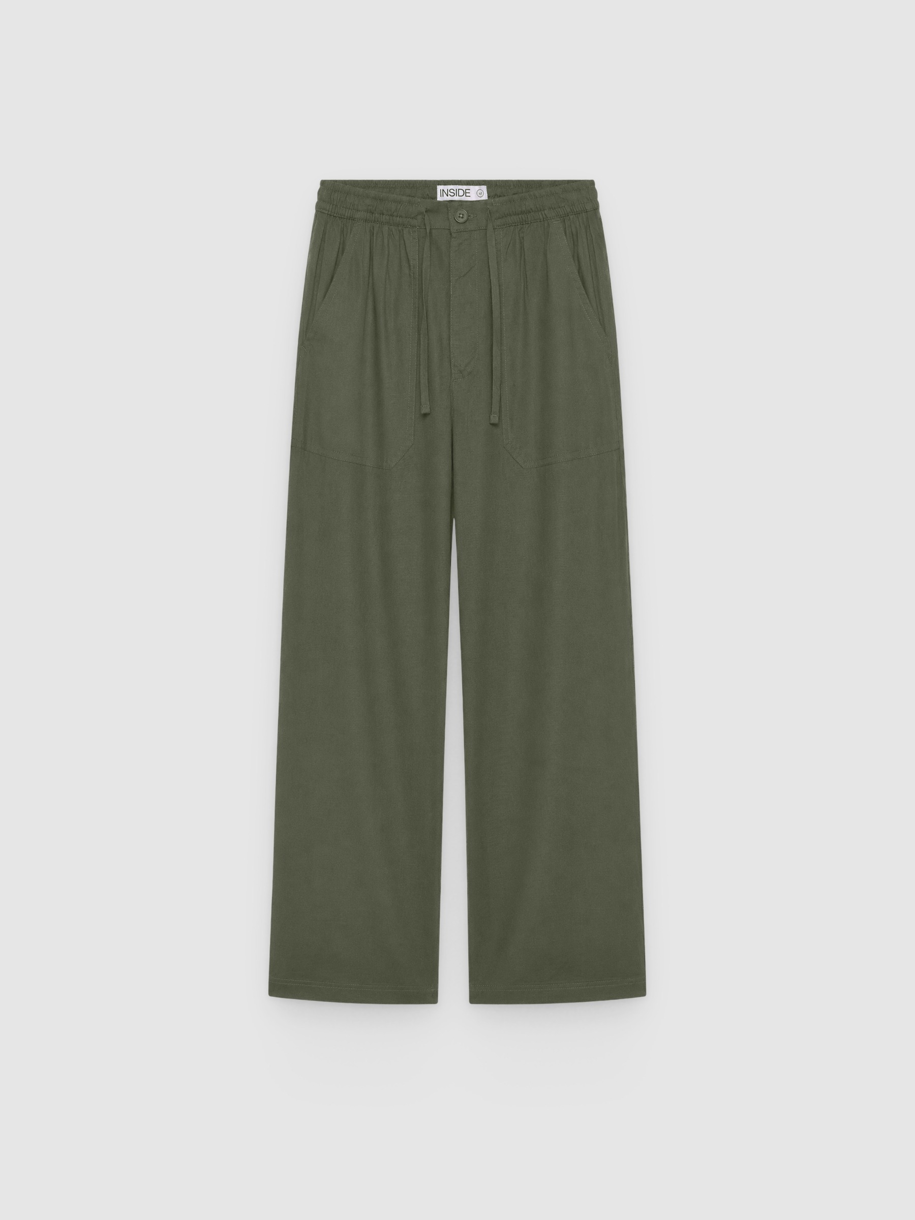 Linen joggers with elastic waistband khaki front view