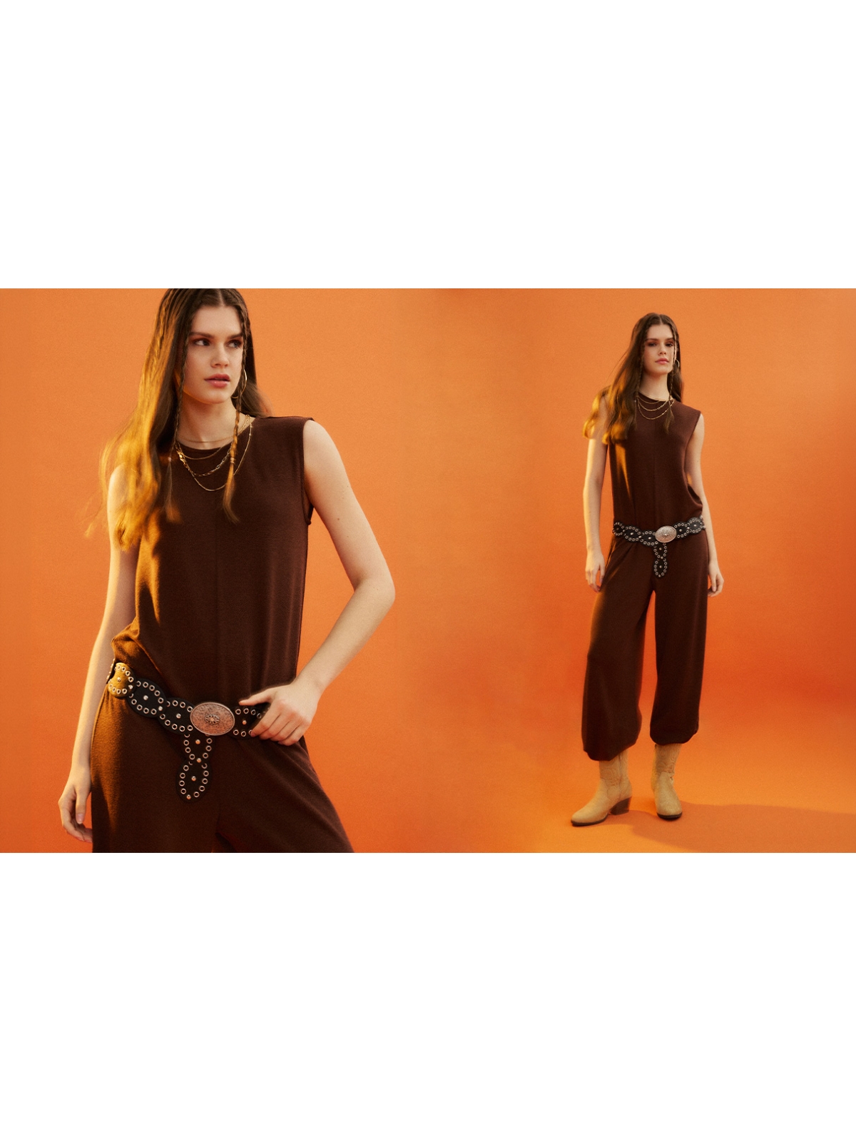 Macacão longo sem mangas chocolate vista detalhe