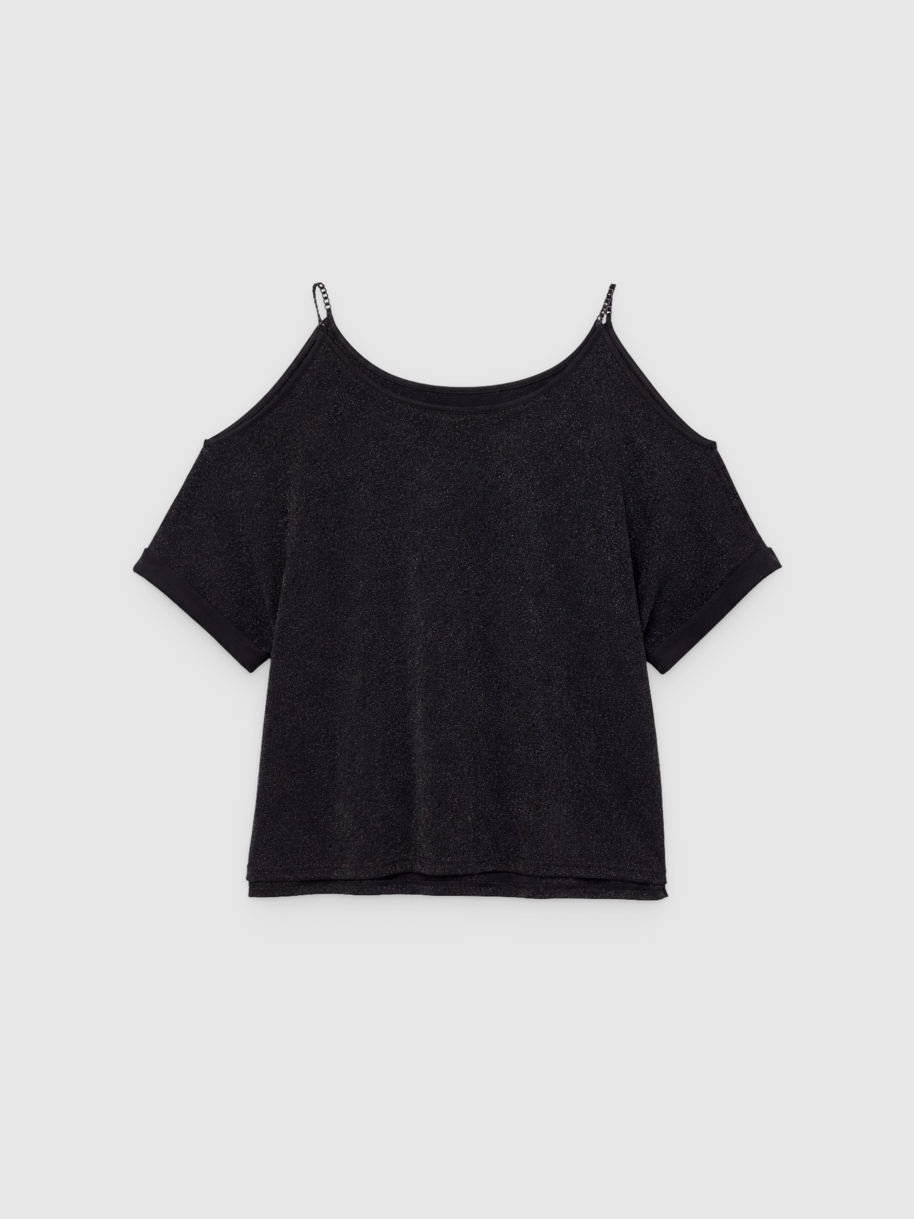 T-shirt com gola de barco em lurex preto vista meia frontal