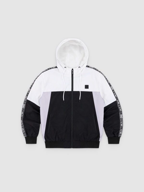  Colour block hooded windbreaker jacket black front view
