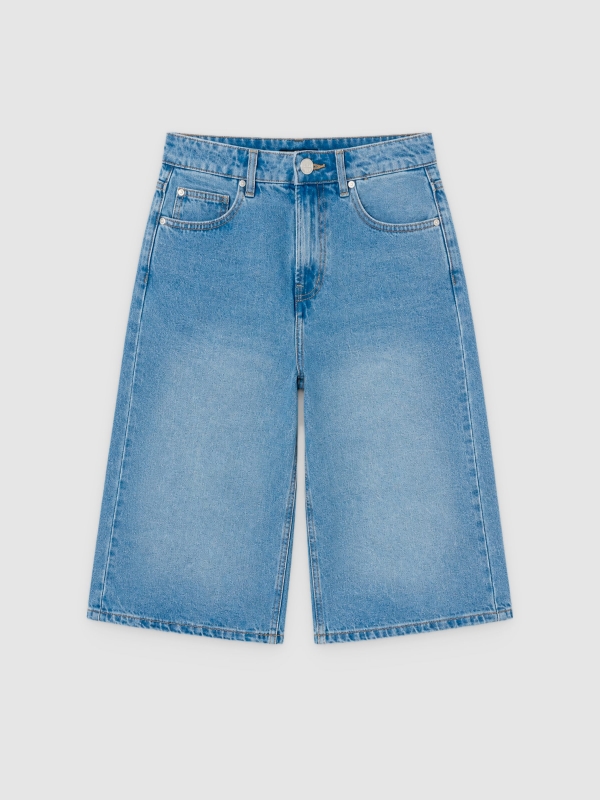 %Pto% High-waisted denim bermuda shorts blue front view