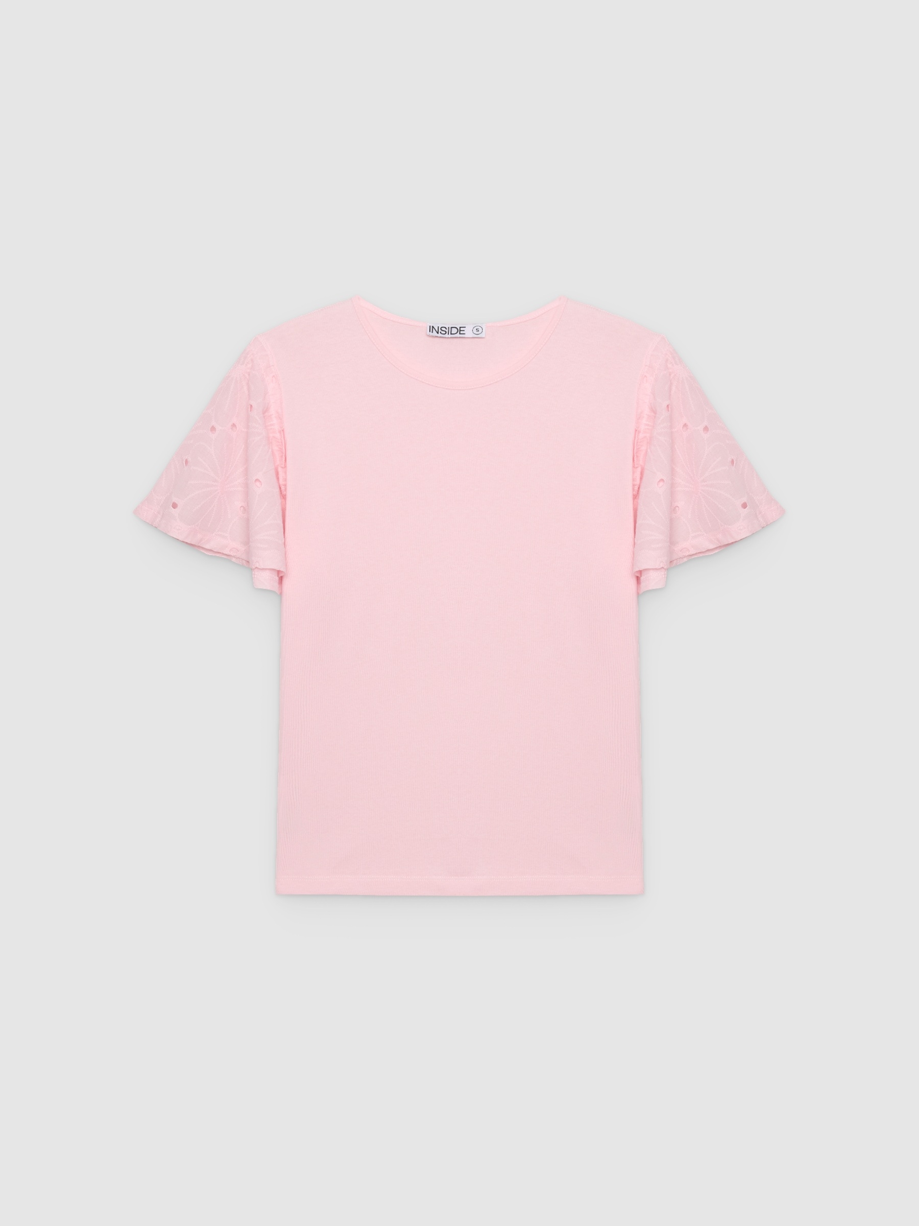 Camiseta algodón bordado suizo rosa claro vista media frontal