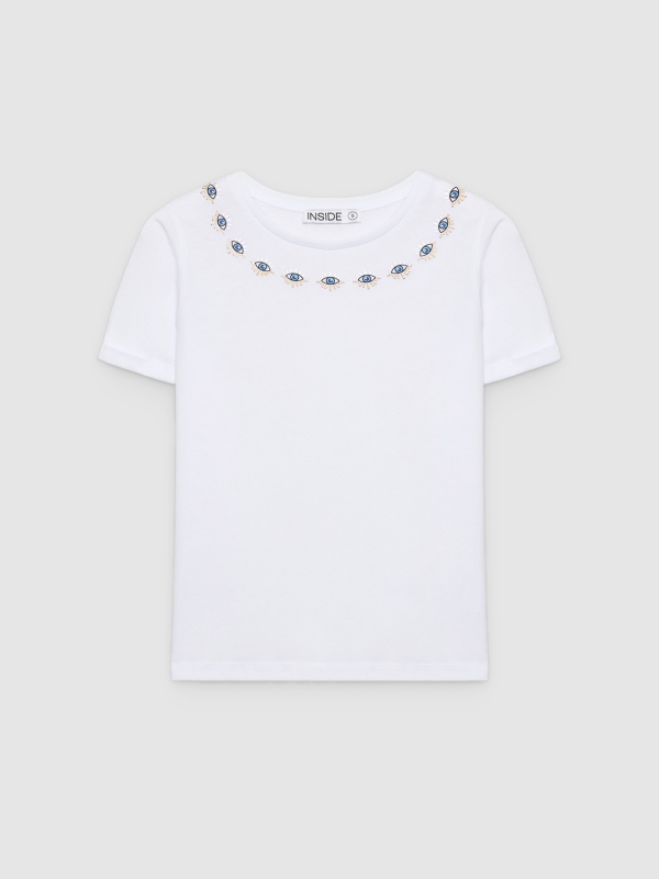  Camiseta étnica con abalorios blanco vista frontal