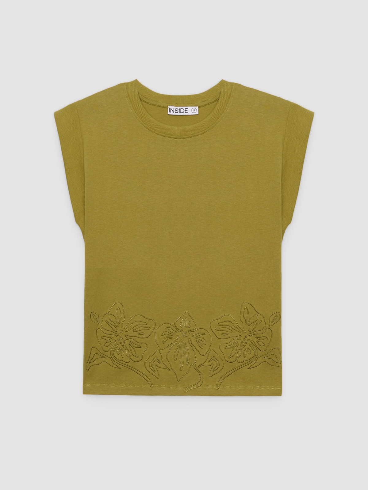 %Pto% Sleeveless T-shirt with floral embroidery olive green front view
