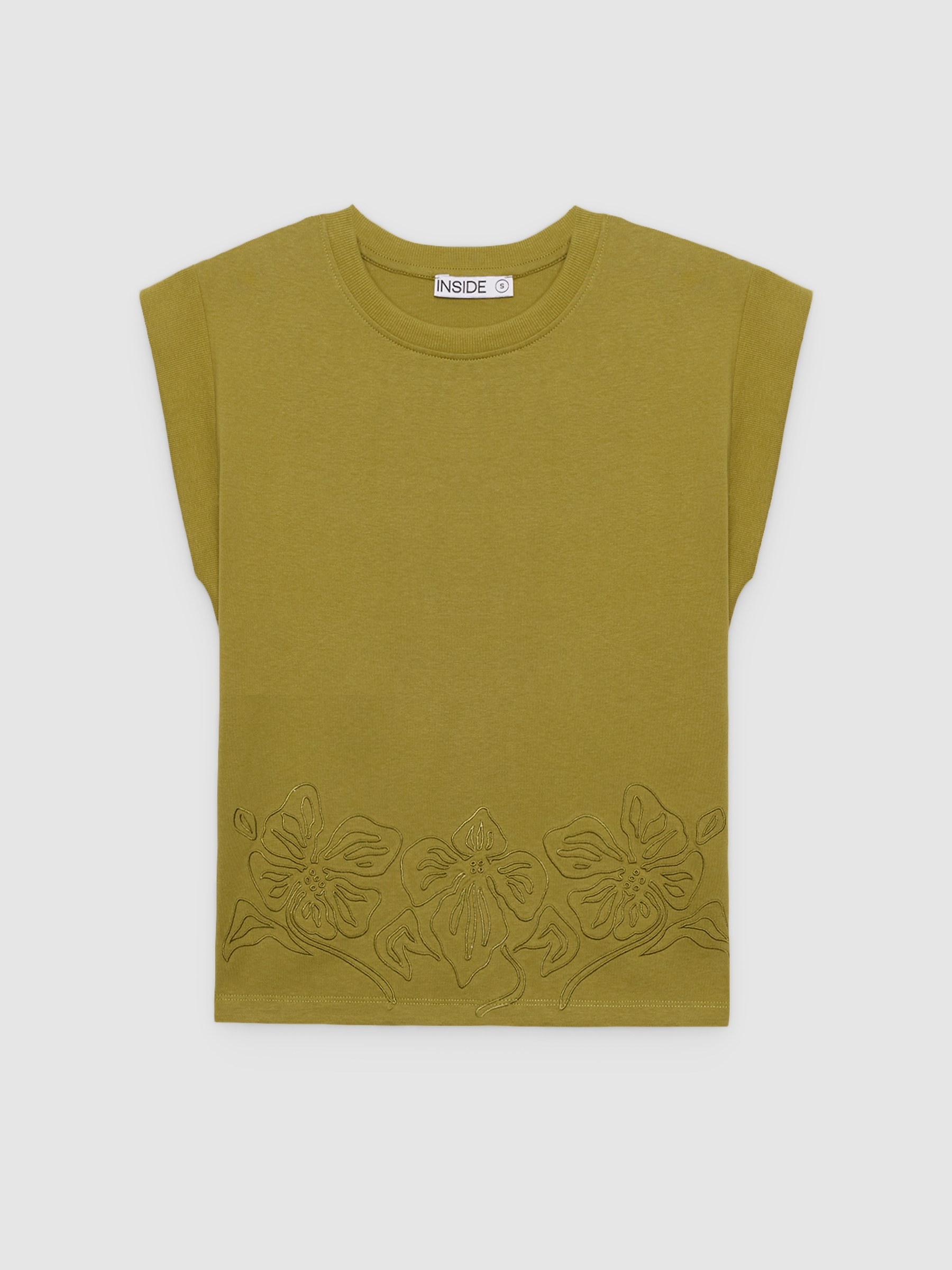 Camiseta sem mangas bordado floral verde oliva vista meia frontal