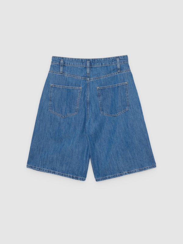 Bermuda jeans cintura alta com pregas azul vista traseira