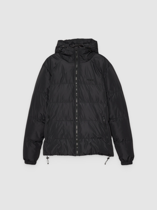  Black hooded quilted jacket with black hood black front view