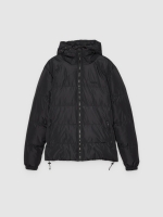 %Pto% Black hooded quilted jacket with black hood black front view