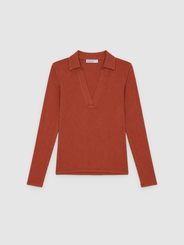  Long-sleeve polo neck shirt cinnamon front view