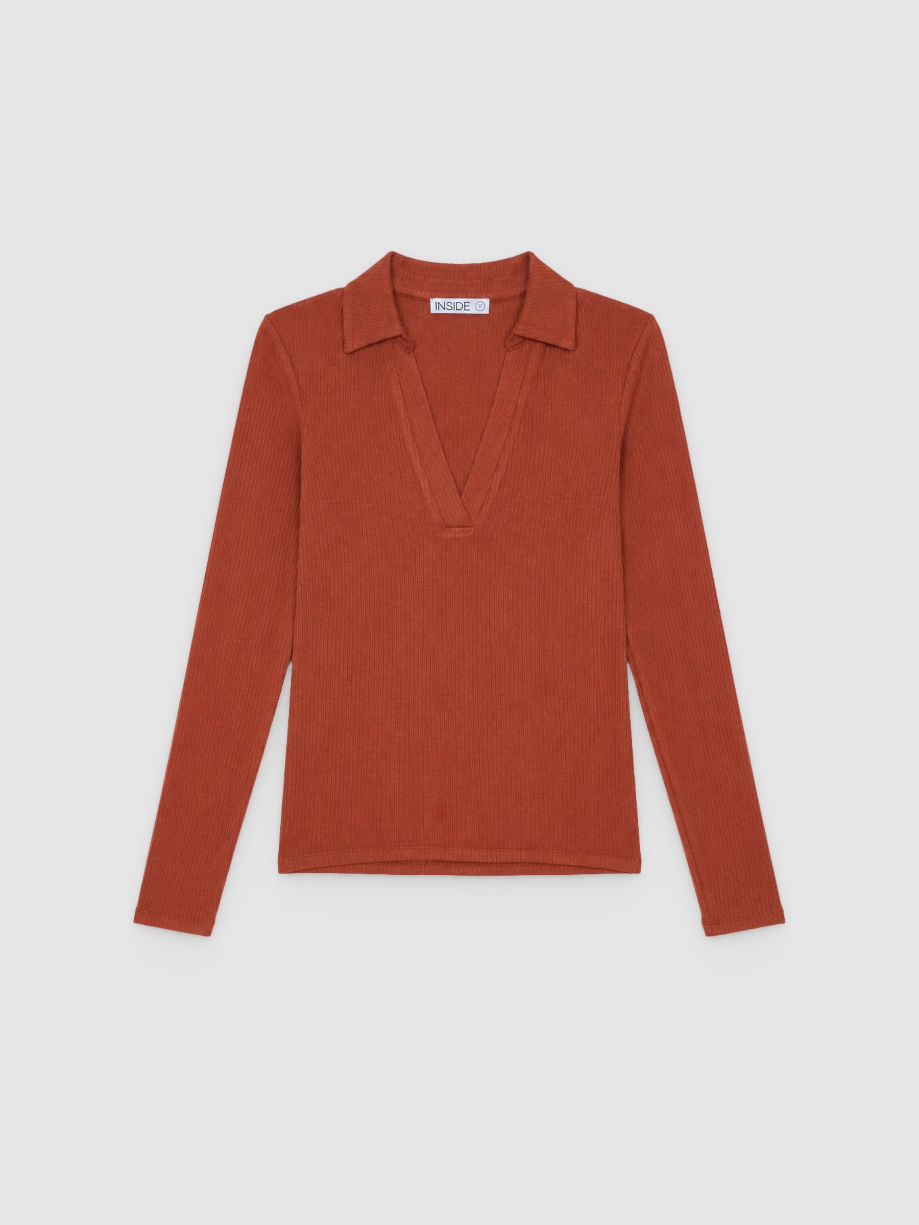 Long-sleeve polo neck shirt cinnamon middle front view