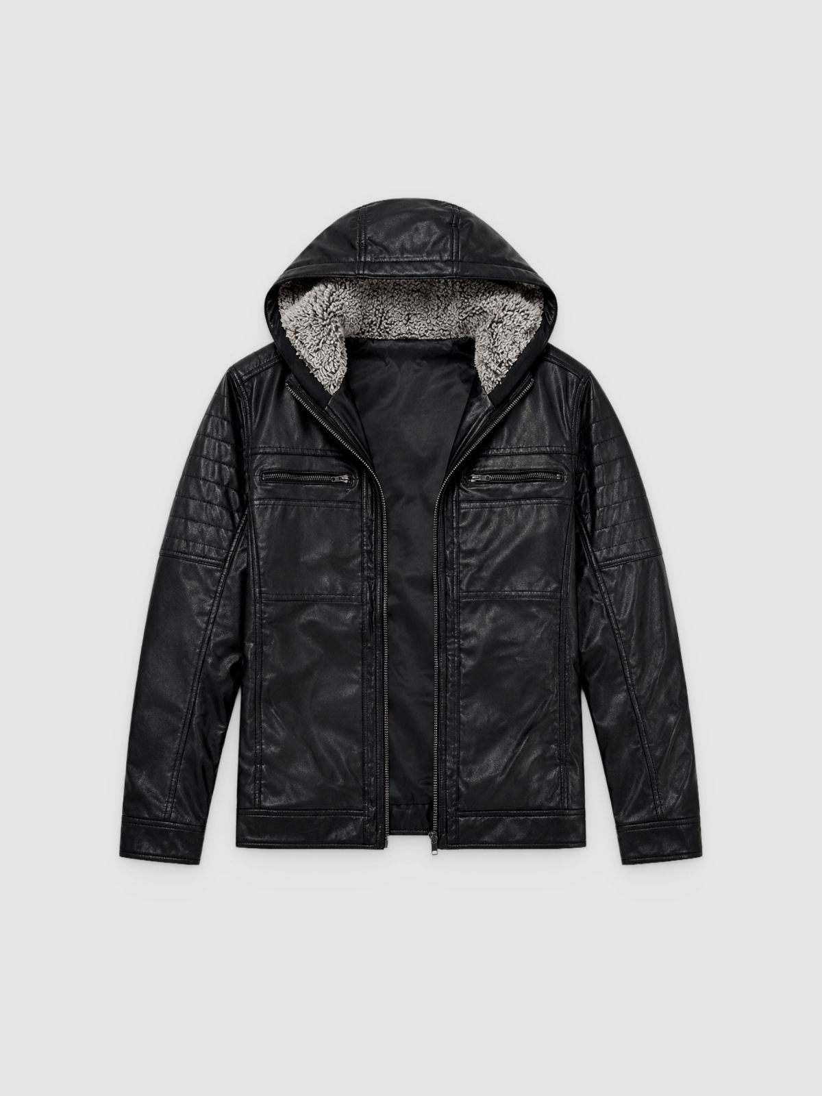 %Pto% Hooded fur effect jacket with sheepskin hood black front view