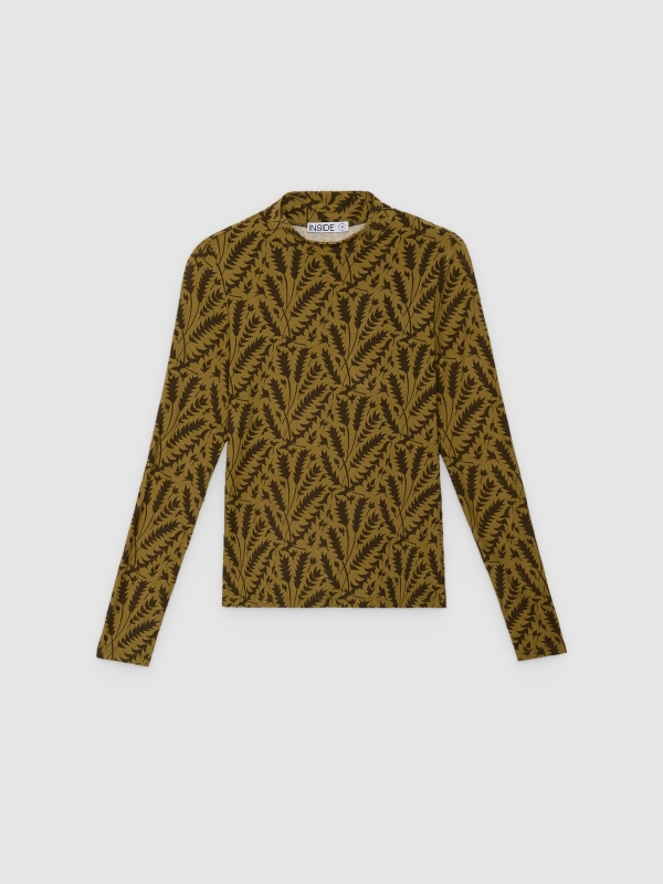  Long sleeve t-shirt with perkins collar and leaf print olive green front view