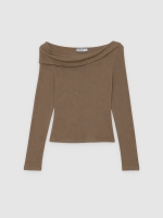 %Pto% Long sleeve shirt with asymmetrical neckline taupe front view
