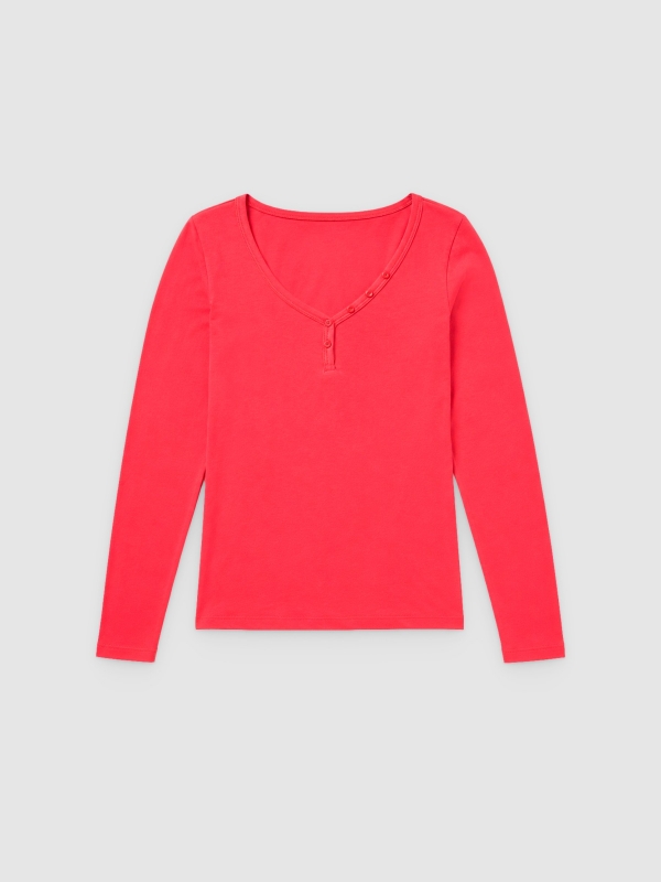  T-shirt com decote em V e botões vermelho vista frontal