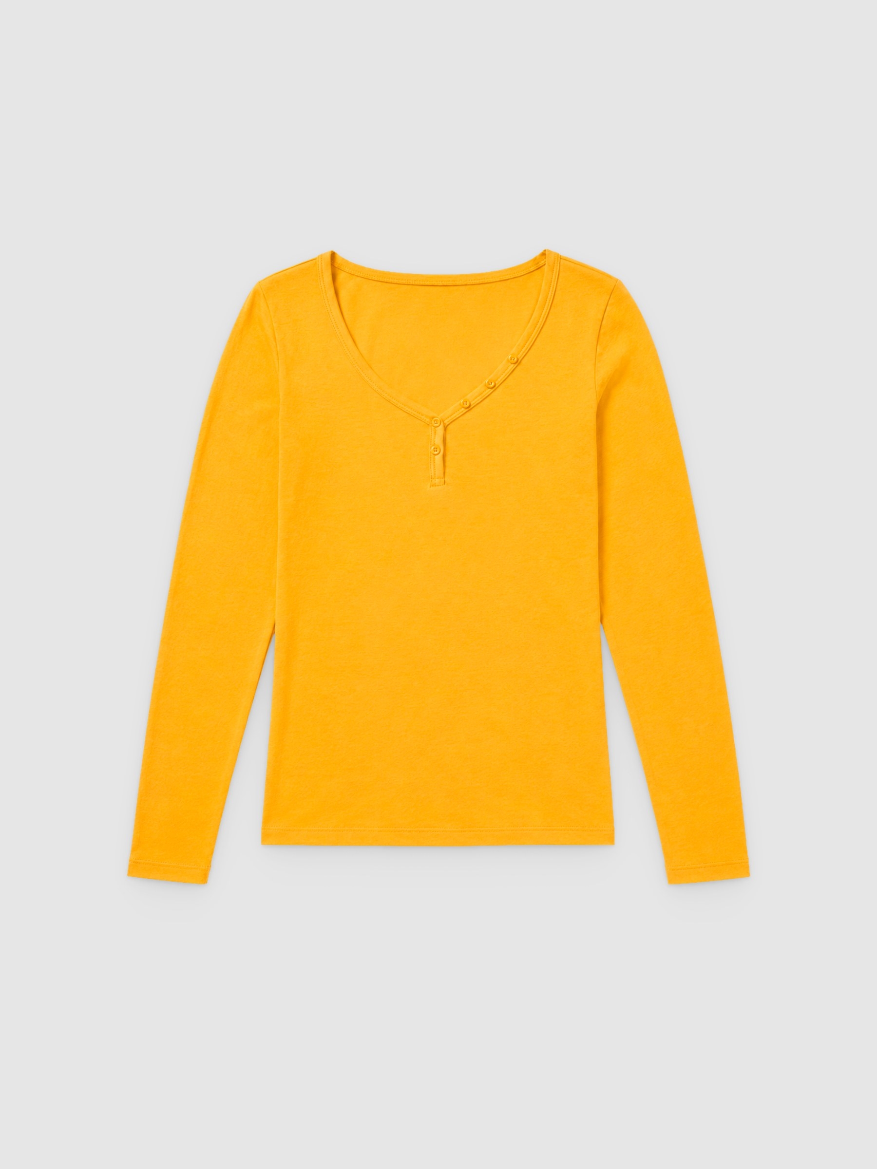V-neck T-shirt with buttons yellow middle front view