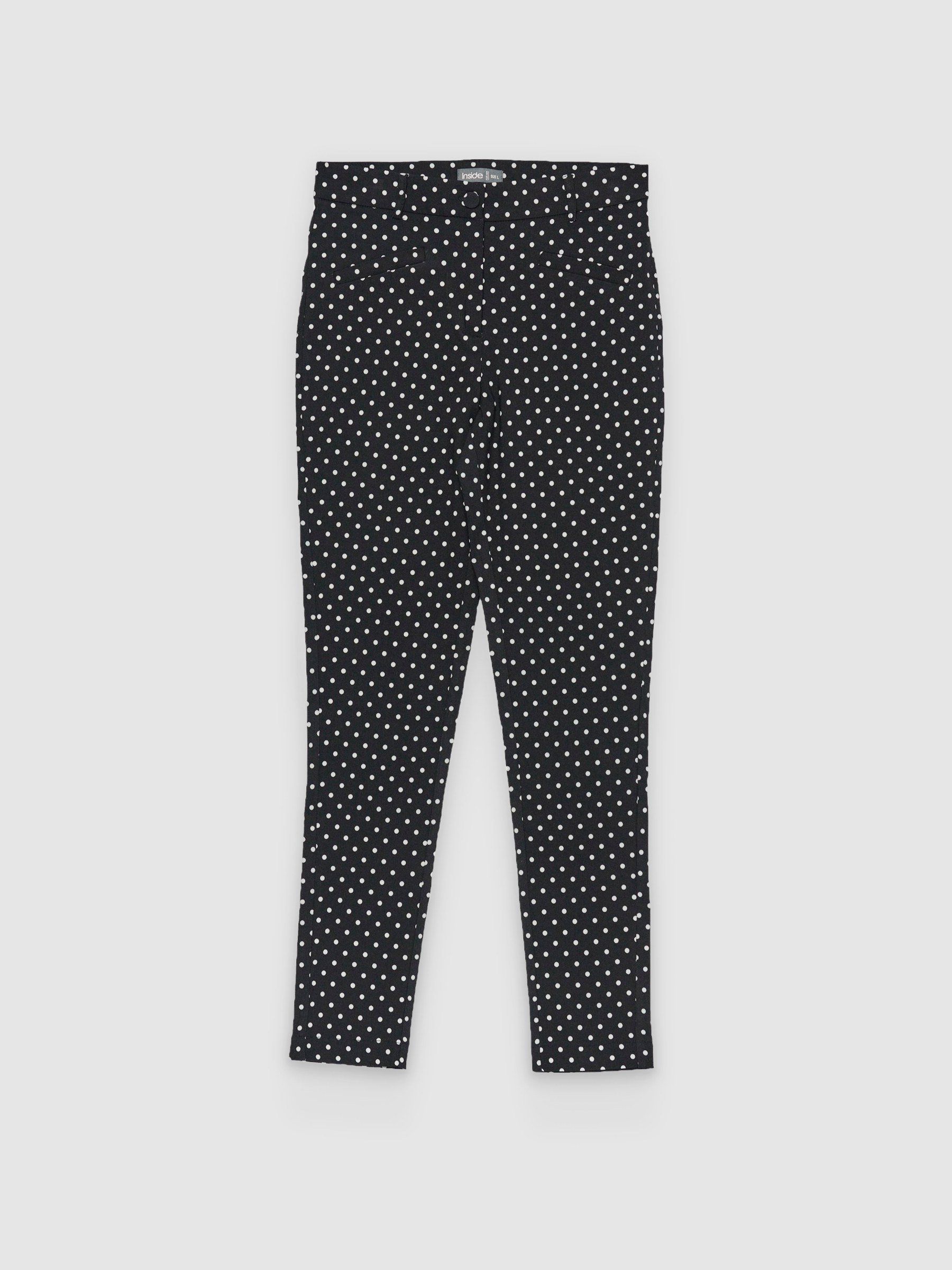 Stretch polka dot print trousers black front view