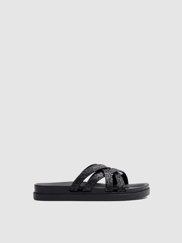 Chanclas tiras cruzadas detalle brillantes negro vista cenital