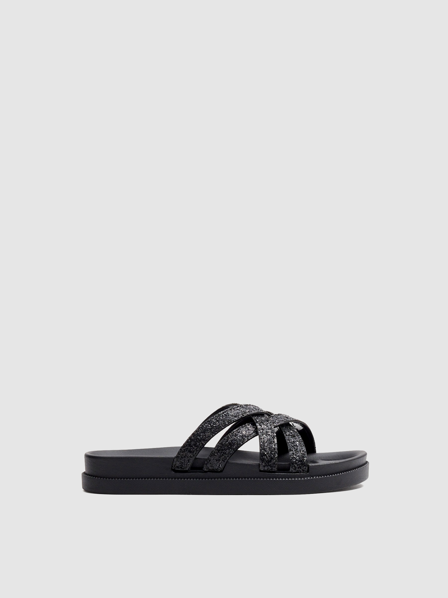Chanclas tiras cruzadas detalle brillantes negro vista cenital