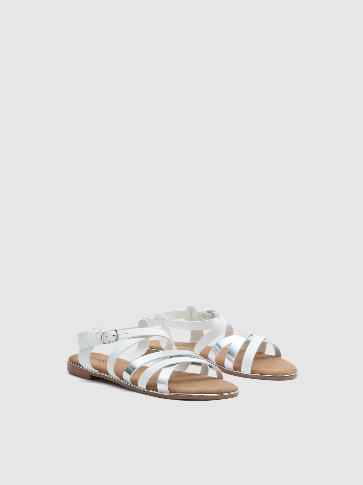 White and silver strap sandals white 45º front view
