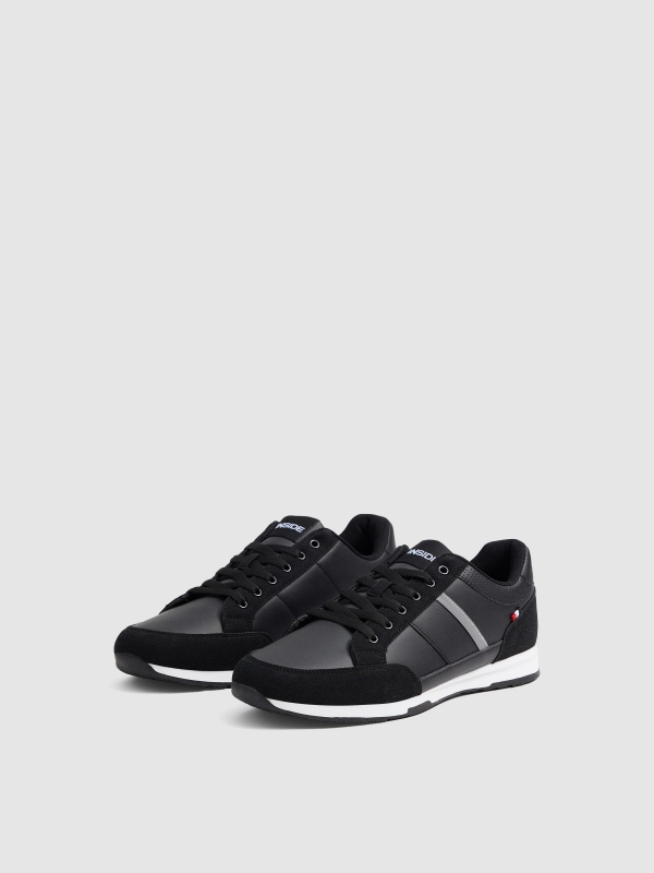 Basic sneakers with stripe black/beige 45º front view