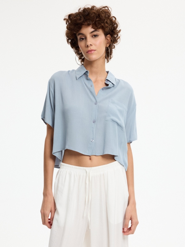 Camisa crop bambula azul acero vista media frontal