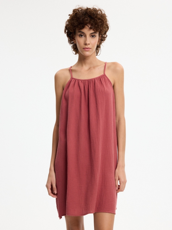 Vestido mini alças liso vermelho mineral vista meia frontal