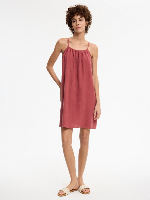 Vestido mini alças liso vermelho mineral vista geral frontal