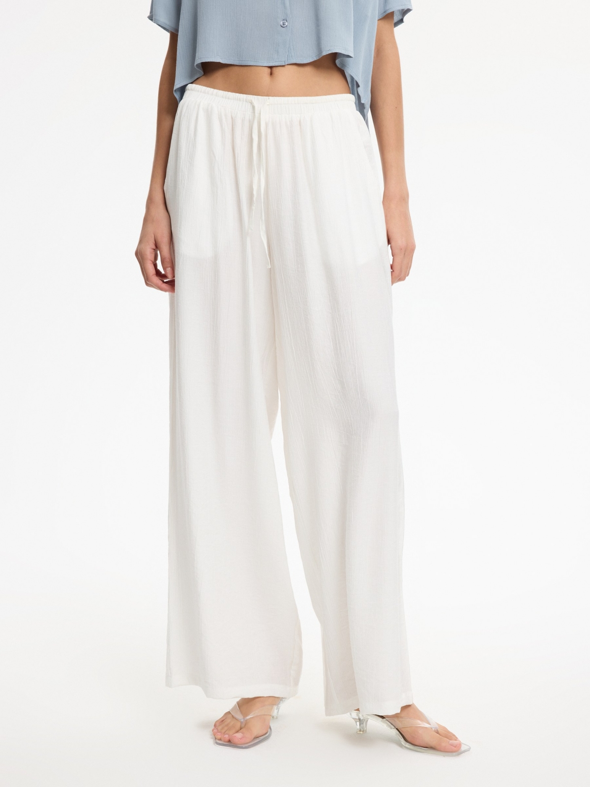 Fluid wide-leg pants beige middle front view