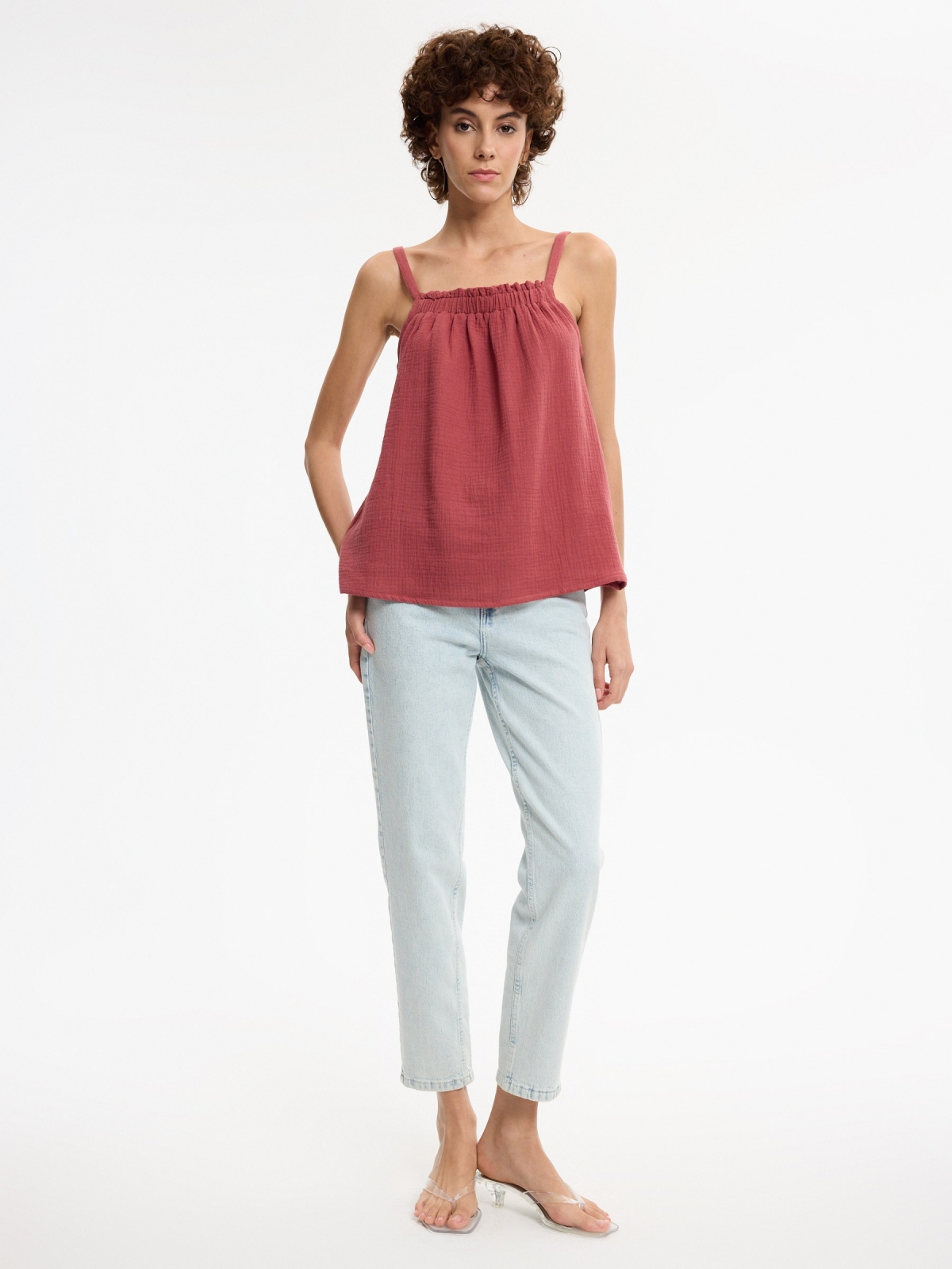 Bambula strap blouse mineral red front view