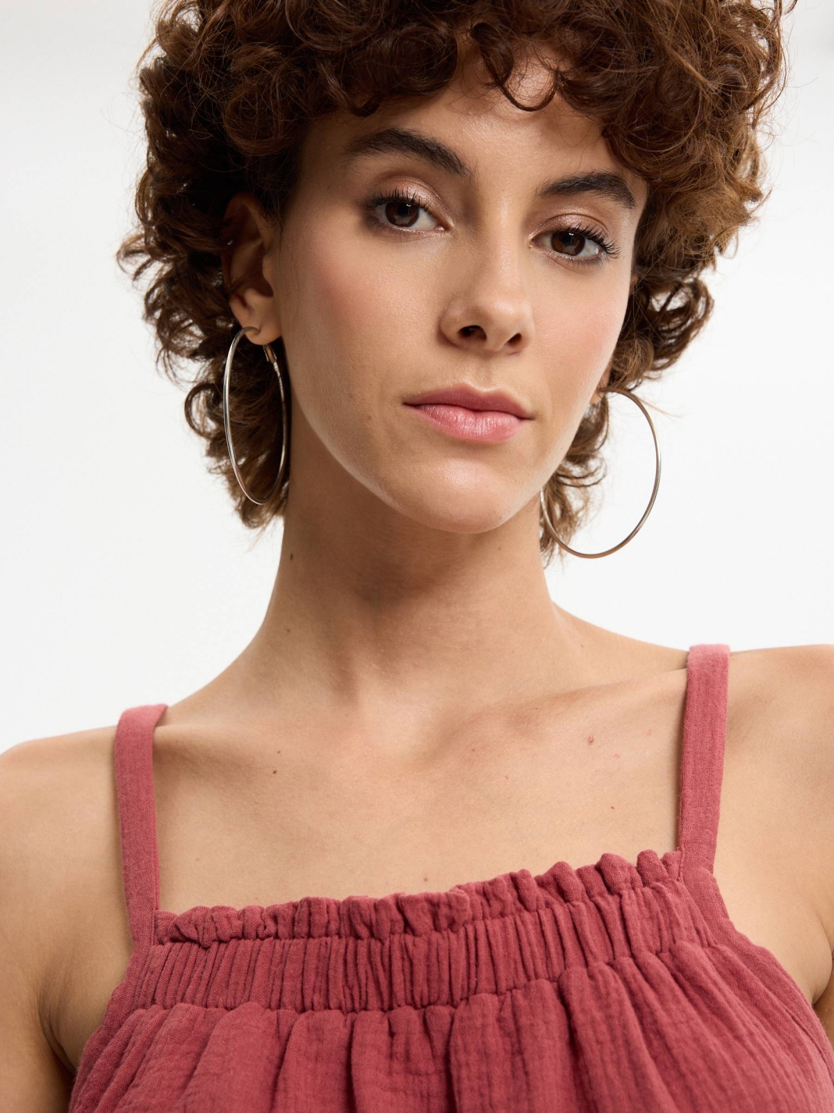 Bambula strap blouse mineral red detail view