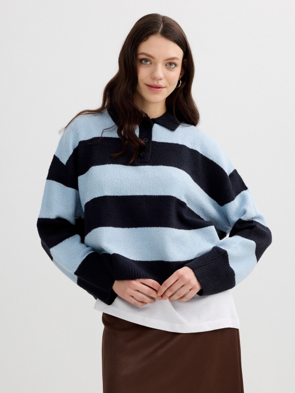 Suéter de malha polo oversized listrado multicolorido vista meia frontal