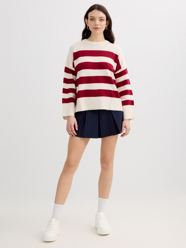 Suéter oversized listrado vermelho vista geral frontal