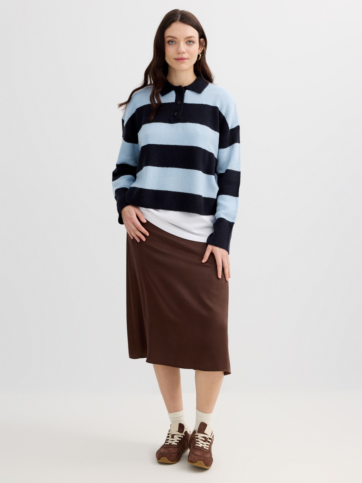 Oversized striped polo knit sweater multicolor front view