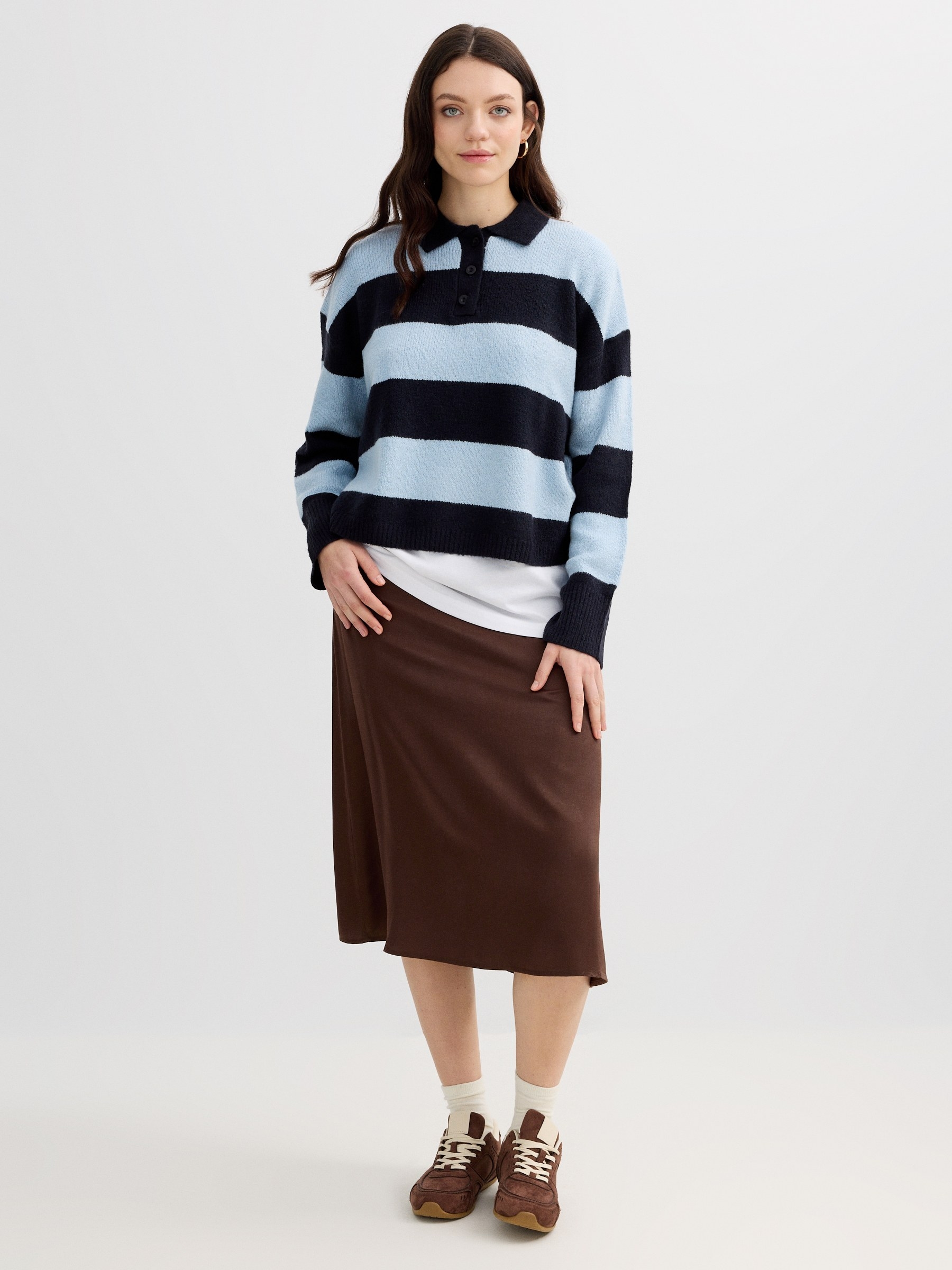 Suéter de malha polo oversized listrado multicolorido vista meia frontal