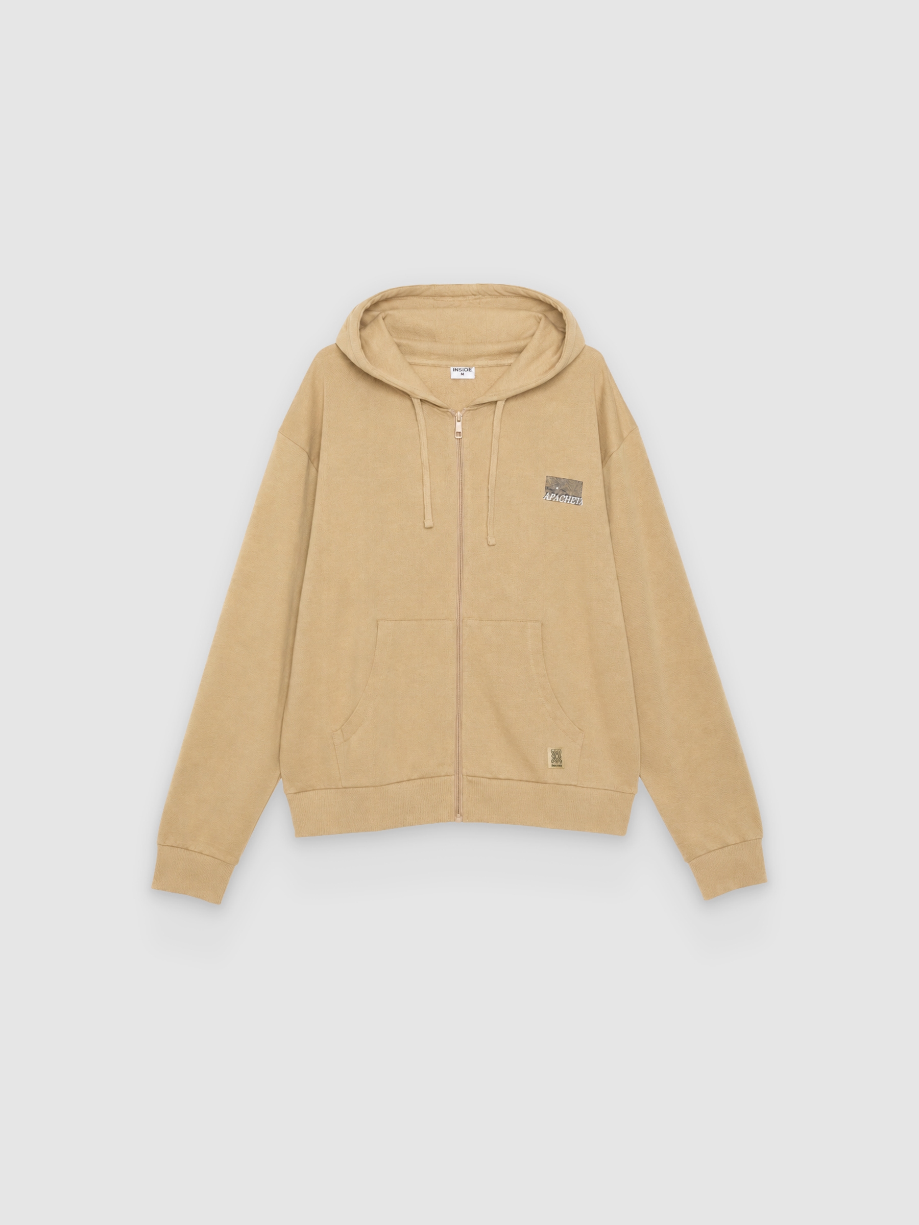  Open hoodie with text beige front view