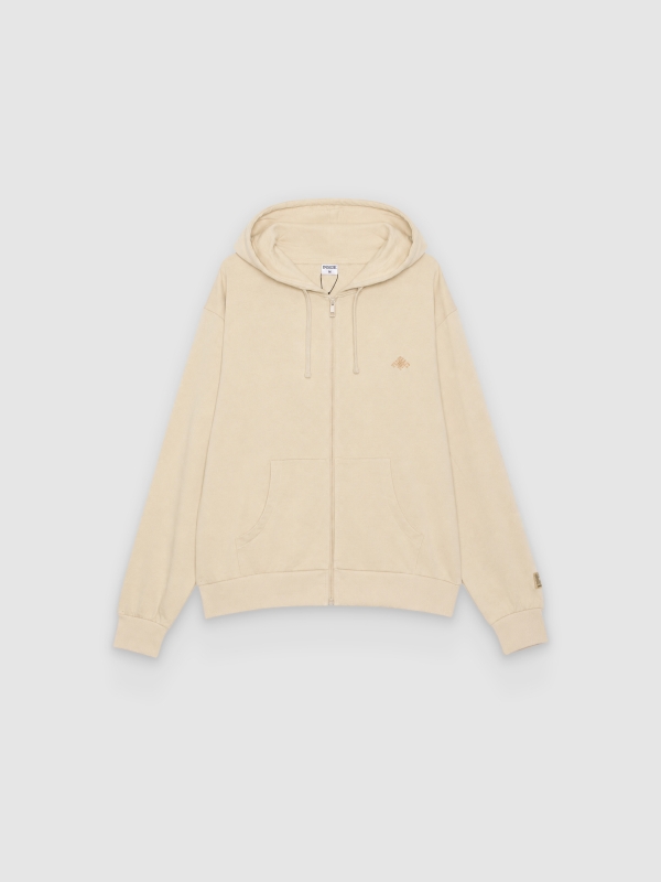  Sudadera capucha cremallera con texto crudo vista frontal