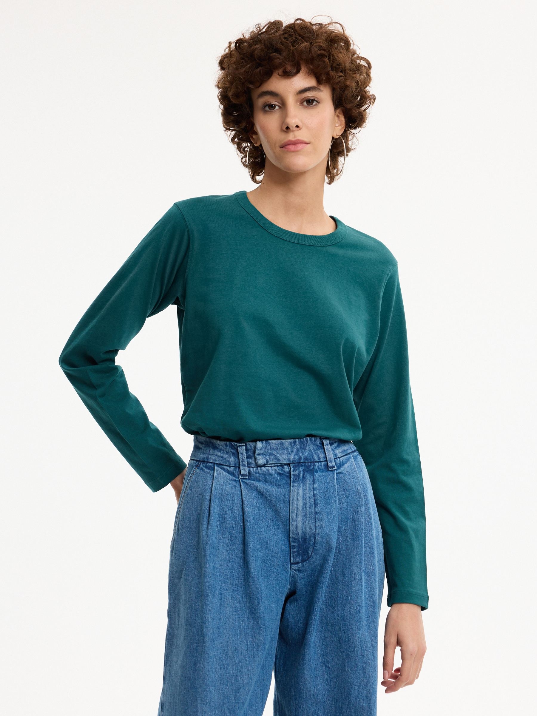 Basic long-sleeve cotton T-shirt emerald middle front view