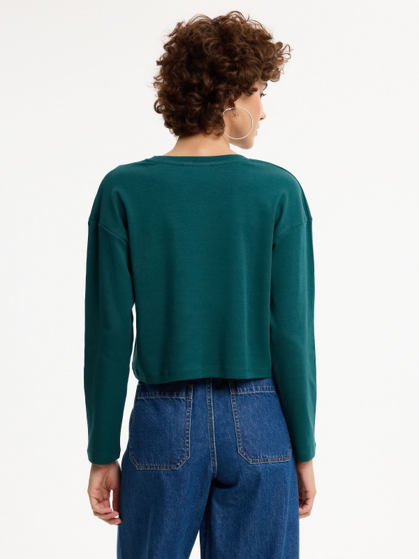 Basic cotton long-sleeve T-shirt emerald middle back view