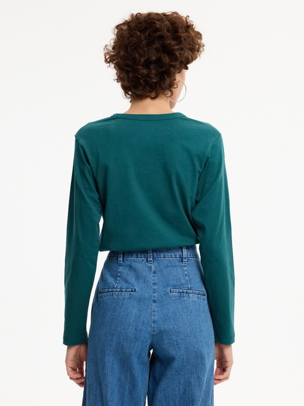Basic long-sleeve cotton T-shirt emerald middle back view