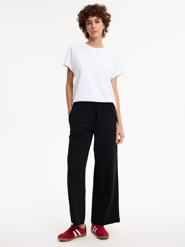 Pantalón chándal felpa liso tiro alto negro vista general frontal