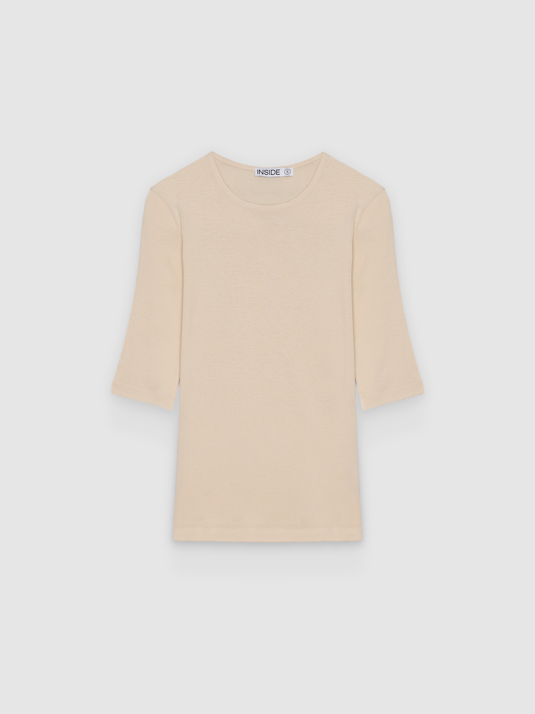 Basic cotton 3/4 sleeve T-shirt beige middle front view