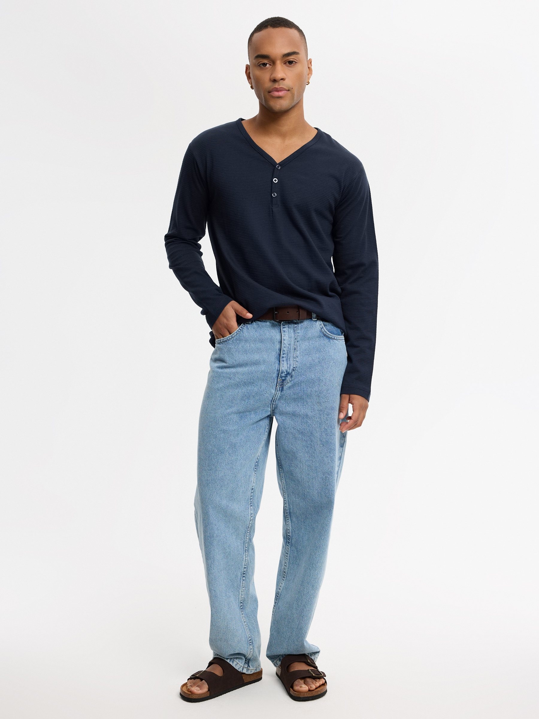 Slim fit T-shirt with henley neck navy middle front view