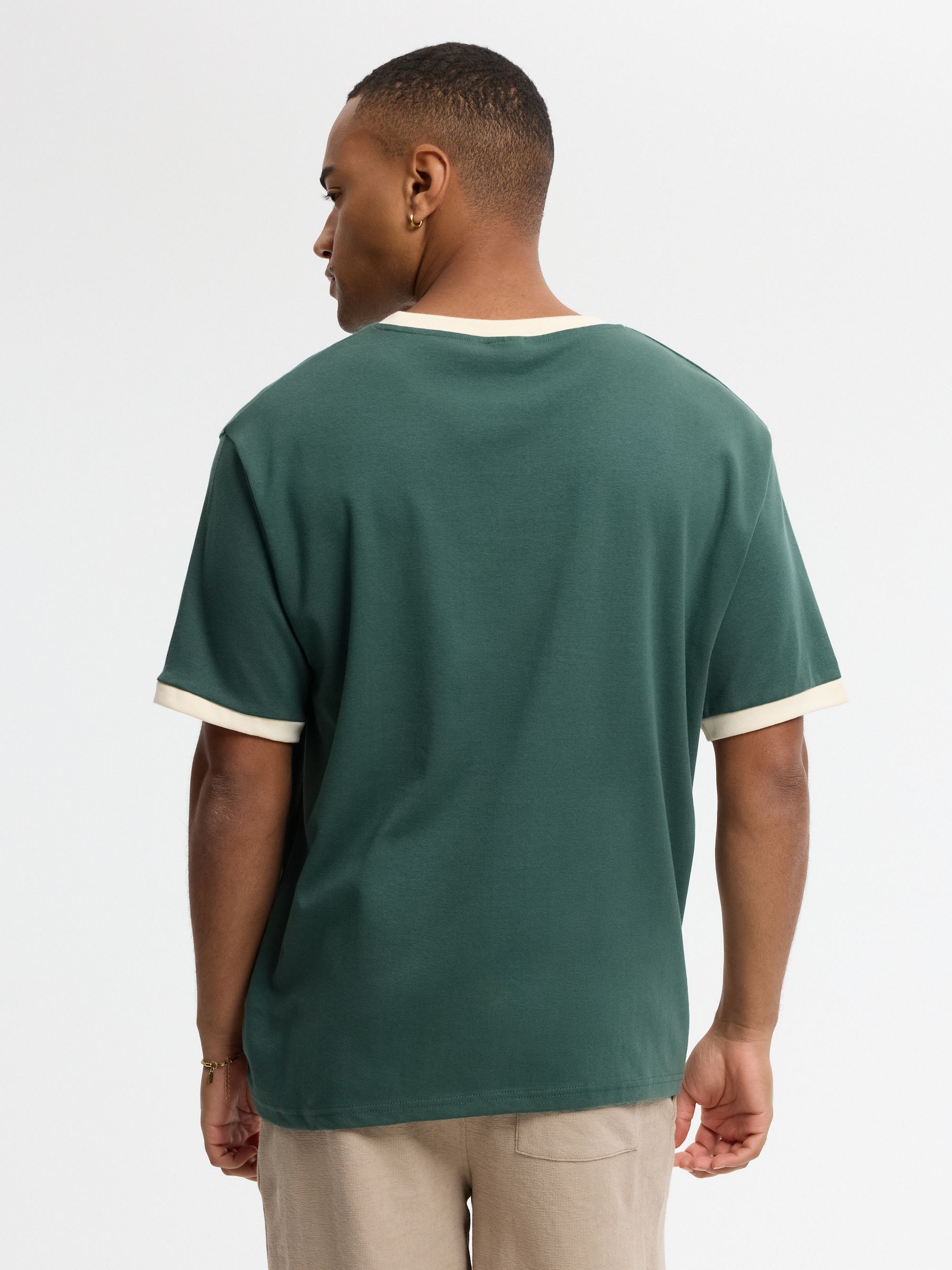 Text-trimmed T-shirt dark green middle front view