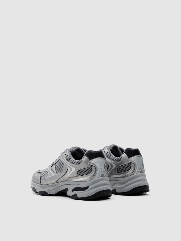 Gray nylon running shoe grey 45º back view