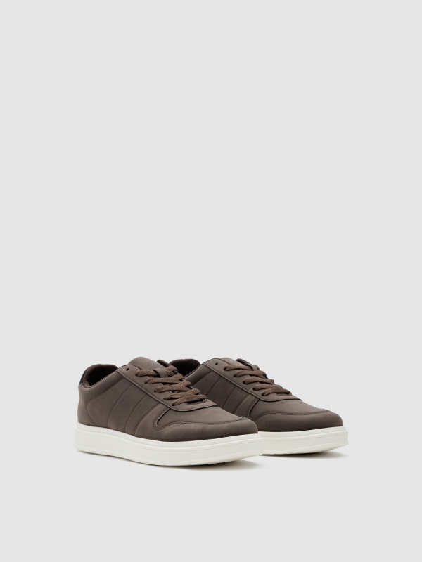 Brown faux leather casual sneaker brown 45º front view