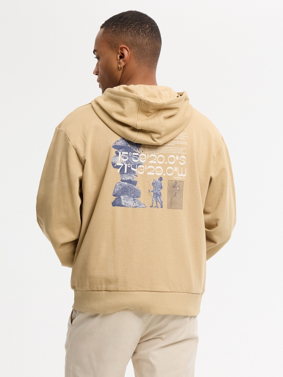 Open hoodie with text beige middle back view