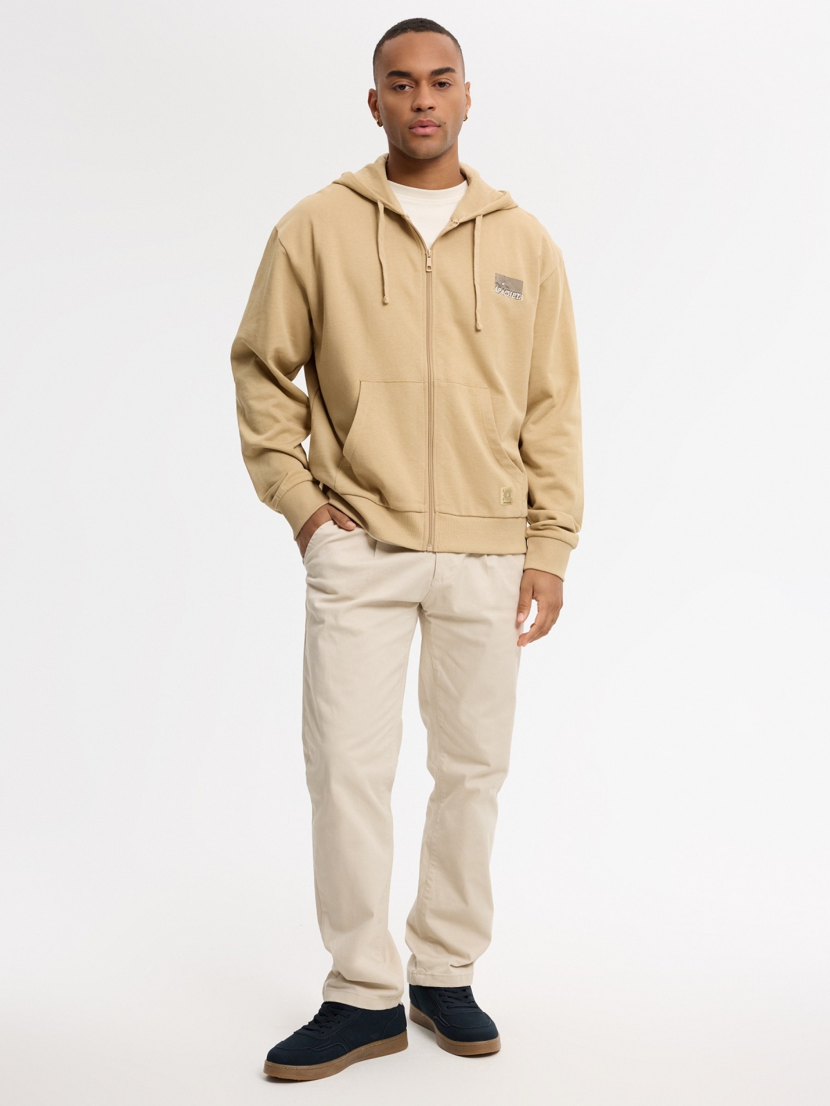 Open hoodie with text beige front view